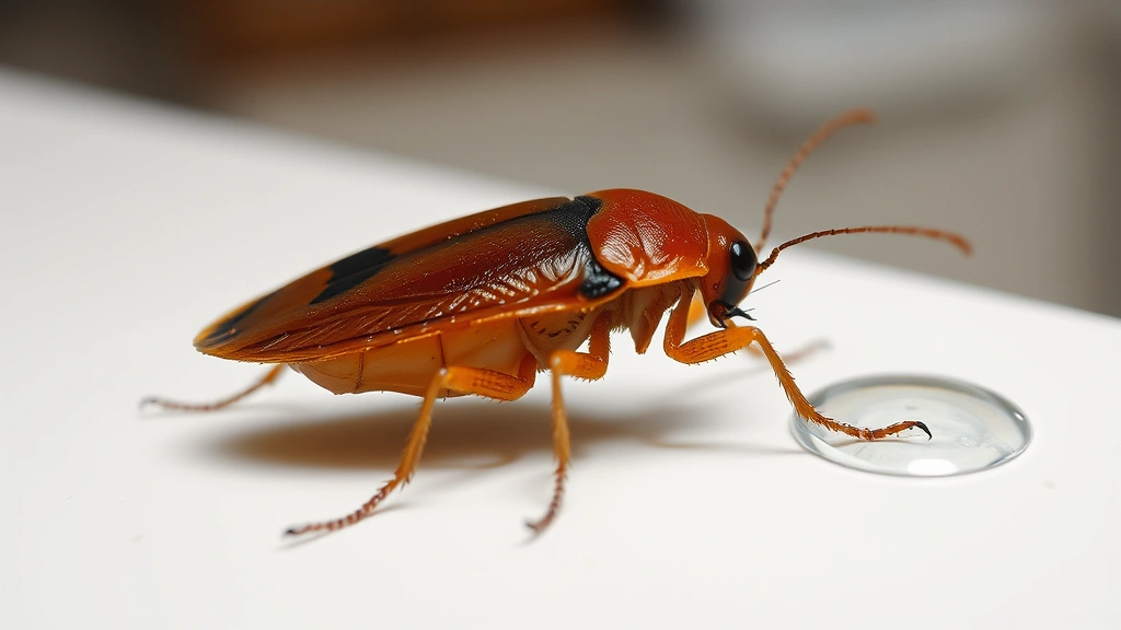 Close-up of German roach on white kitchen countertop with water droplet nearby, showing tan coloring and two dark stripes on back, photorealistic macro photography