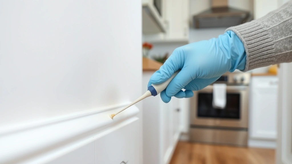 Homeowner wearing gloves applying small gel bait dots along kitchen baseboard with precision applicator, clean modern kitchen in background