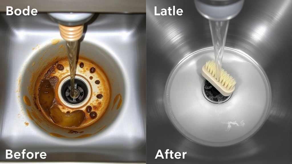 Before and after comparison: left side shows kitchen drain with organic buildup, right side shows clean drain after treatment with boiling water and brush