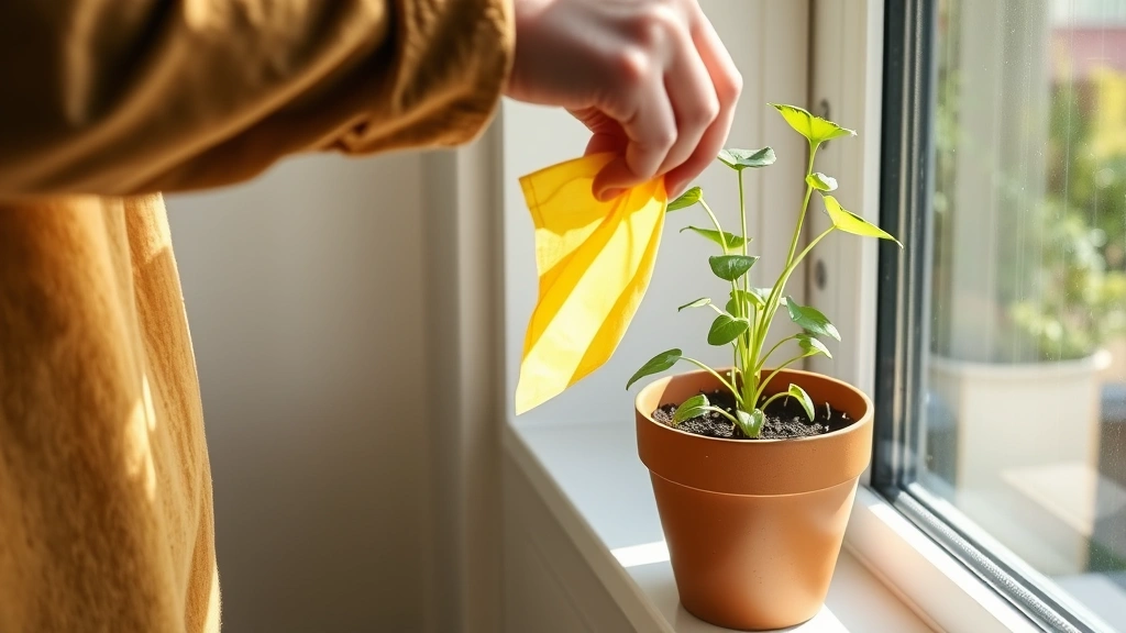 Person installing yellow sticky trap on windowsill near potted plant with soil, bright natural light streaming through window