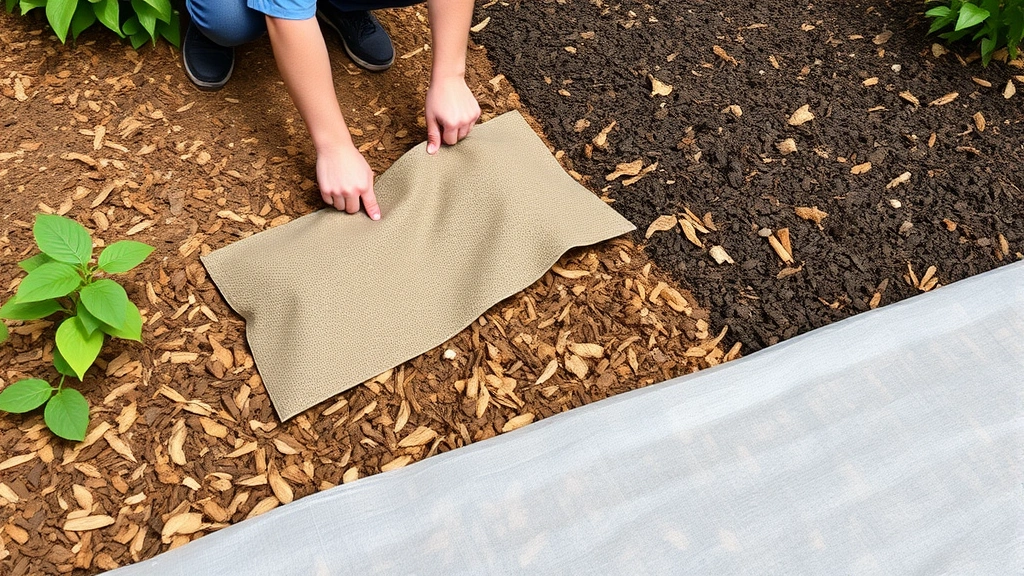 Person applying mulch and landscape fabric over bare garden soil patches to prevent ground bee nesting, showing proper coverage technique
