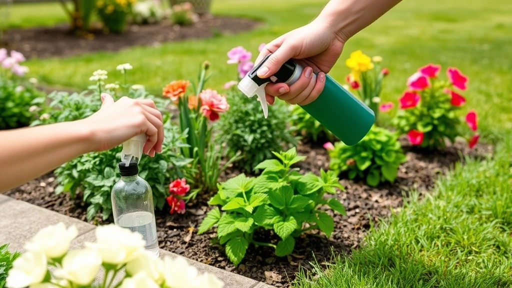 Hands spraying peppermint deterrent solution around garden perimeter, with flowering plants and lawn visible in background during spring season