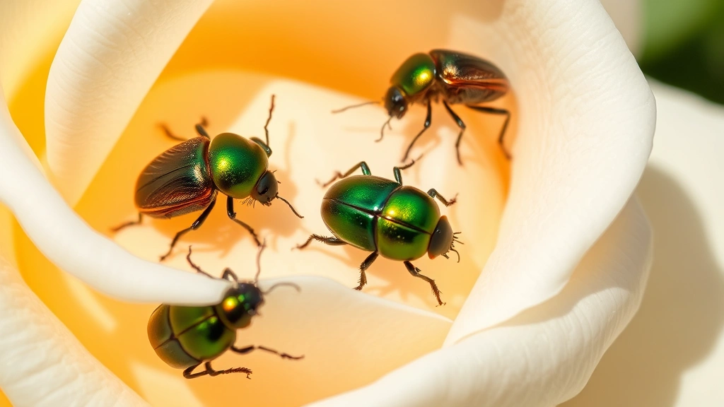 Close-up of metallic green and copper Japanese beetles feeding on white rose petals in bright daylight, showing their distinctive oval shape and white hair tufts