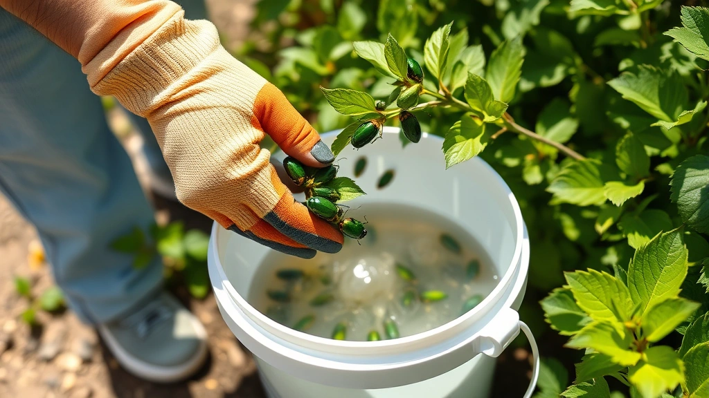 Homeowner wearing garden gloves hand-picking shiny green beetles from green plant foliage into a white bucket of soapy water on a sunny morning