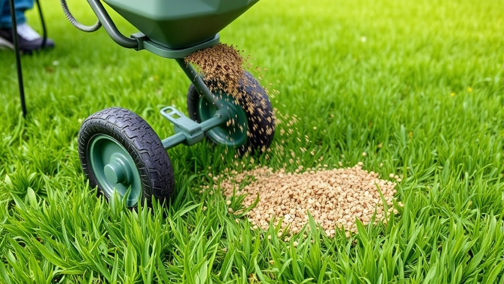 Lawn treatment application showing granular grub control product being spread across healthy green grass with spreader, demonstrating soil-based prevention method