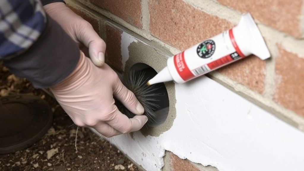 Hands wearing work gloves applying steel wool and caulk around pipe penetration through exterior wall foundation, demonstrating mouse exclusion sealing technique