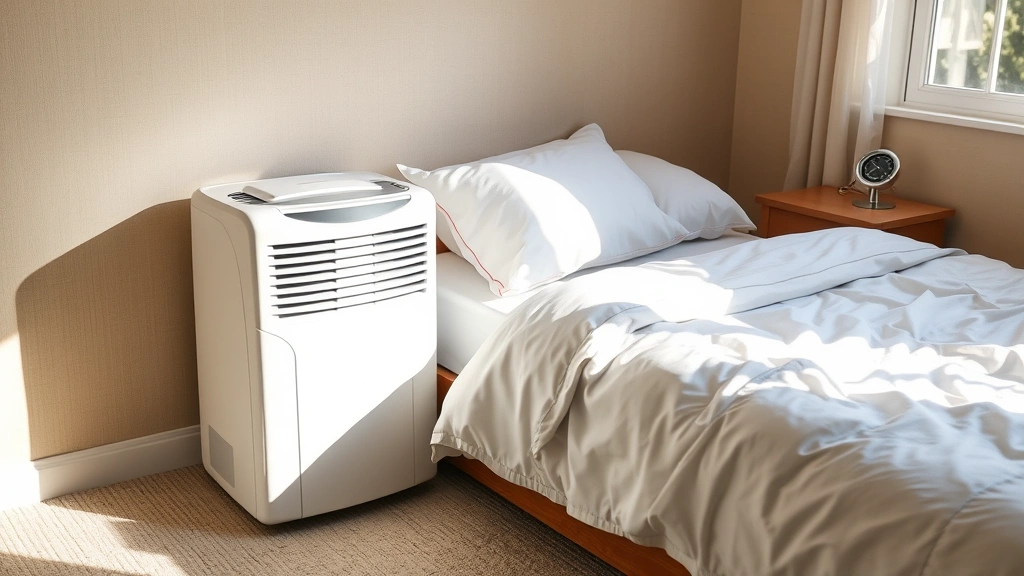 A dehumidifier unit running in a carpeted bedroom corner next to a bed with white linens, humidity meter visible on nearby nightstand, afternoon sunlight through window