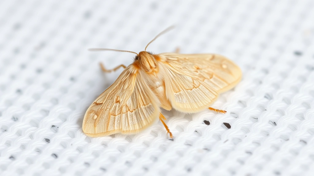 Close-up of small pale tan clothes moth on white fabric or textured surface, showing wings and body detail, natural lighting