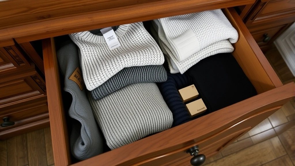 Open wooden dresser drawer with folded sweaters and clothing, showing proper storage organization with cedar blocks visible