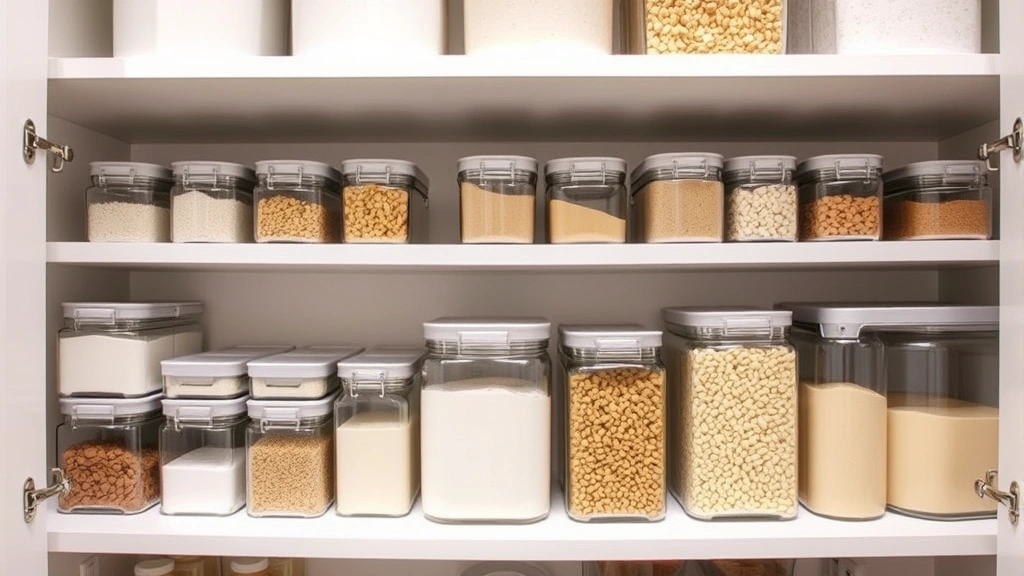 Pantry shelves with organized glass storage containers filled with flour, cereal, and dried foods, clean and well-organized