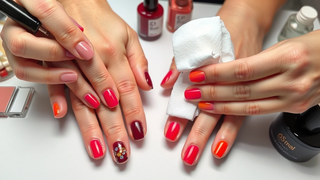 Close-up of hands with various nail polish colors being carefully removed with cotton pads and acetone remover, showing proper technique with gentle pressure, professional manicure setting with organized supplies on white surface