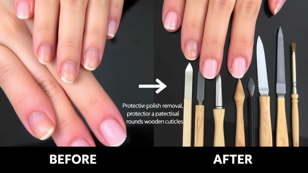 Before and after comparison of nail condition, showing the process of safe polish removal with protective barriers around cuticles, proper tools like nail files and wooden pushers arranged neatly, demonstrating professional home removal setup