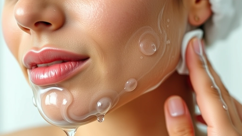 Close-up of a person's face during a gentle skincare cleansing routine with lukewarm water and mild facial cleanser, showing proper technique without aggressive rubbing