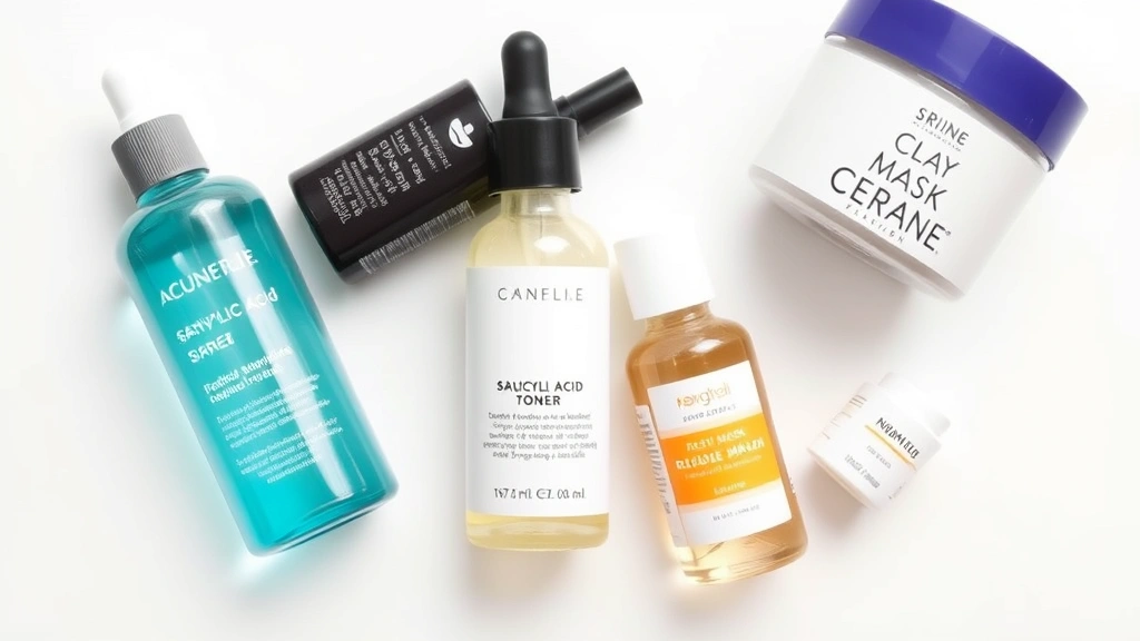 Overhead view of various skincare products including salicylic acid toner, retinol serum, clay mask, and niacinamide treatment arranged on a clean white surface