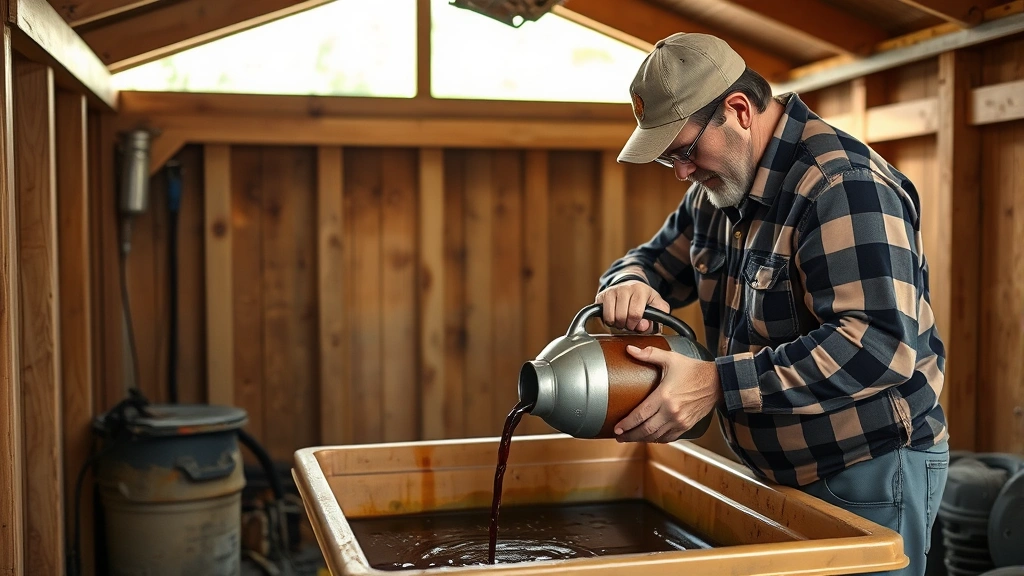 Homeowner carefully pouring degraded dark-colored gasoline from approved metal can into secondary containment tray in well-lit shed with ventilation