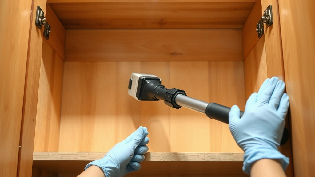 Hands wearing rubber gloves vacuuming inside an empty wooden pantry cabinet with a handheld vacuum, showing crevice attachment being used in corner gaps and shelf edges, bright overhead lighting