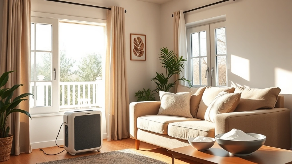 Living room interior with HEPA air purifier running next to sofa, open windows with curtains, sunlight streaming in, fresh and clean appearance, bowls of baking soda visible on side table