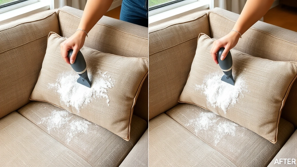 Person using handheld vacuum on upholstered couch cushions after applying baking soda, showing before-and-after state with white powder visible, natural daylight, practical home setting