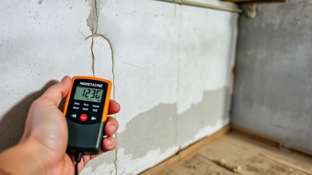Close-up view of a person using a moisture meter on a damp basement wall, measuring humidity levels near the foundation. The meter displays digital readings. Basement corner with visible moisture damage and concrete walls in soft natural light.