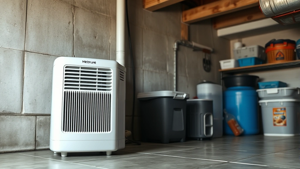 Wide shot of a basement dehumidifier running against a concrete wall, with visible moisture collection container and water droplets on walls. Sealed foundation cracks visible. Storage items organized away from walls. Soft diffused lighting showing damp conditions.