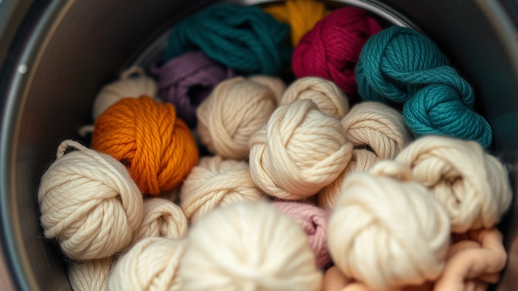 Close-up of wool dryer balls tumbling in a modern dryer drum with colorful clothes, natural lighting showing the separation effect