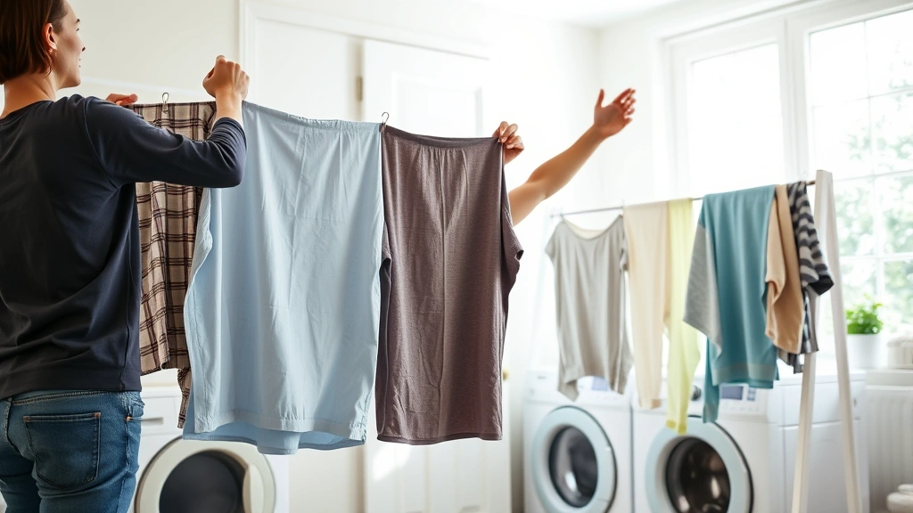 Person hanging fresh laundry on an indoor drying rack in a bright, modern laundry room with natural window light