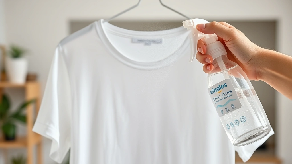 Spray bottle misting water on a white cotton shirt being held up, showing moisture droplets and static-free fabric, clean home background