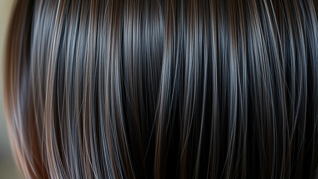 Close-up of smooth, shiny dark hair cascading over shoulders with soft natural lighting, no frizz or flyaways visible, professional salon-quality appearance