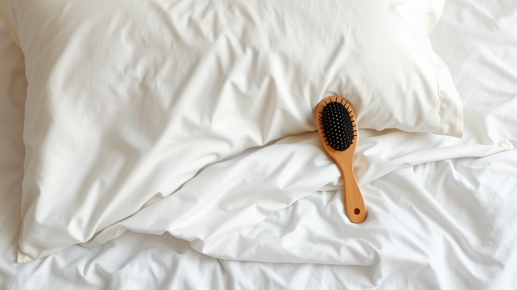 Silk pillowcase and wooden hair brush on white bedding, minimalist composition showing hair care tools designed to reduce static and friction