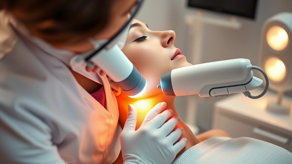 Dermatologist applying radiofrequency device to patient's neck area during professional skin tightening treatment, clinical setting with warm lighting