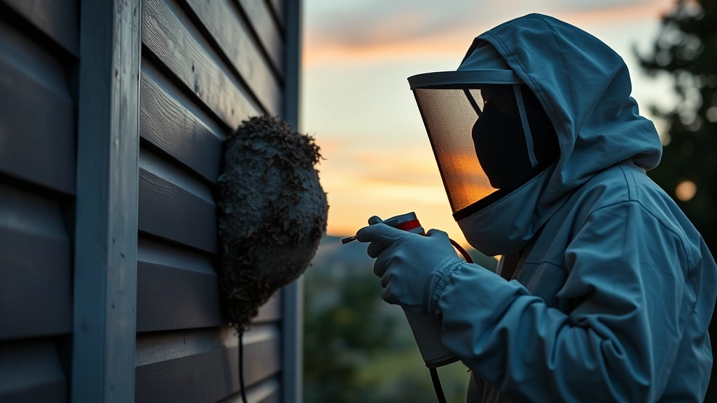 Person wearing full protective gear including beekeeper veil, gloves, and long sleeves spraying wasp nest on building exterior at dusk with professional insecticide aerosol can