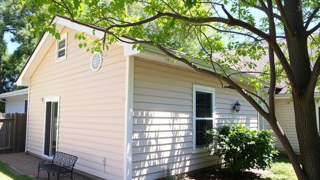 Residential backyard showing sealed soffit vents, trimmed tree branches away from house, and sealed cracks in siding as prevention measures, clear daytime conditions