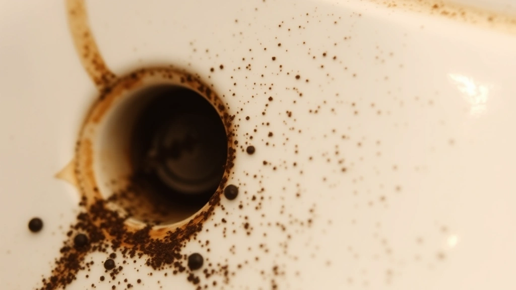 Close-up of water bug droppings and evidence on white bathroom tile near a sink drain, showing dark pepper-like specks and moisture