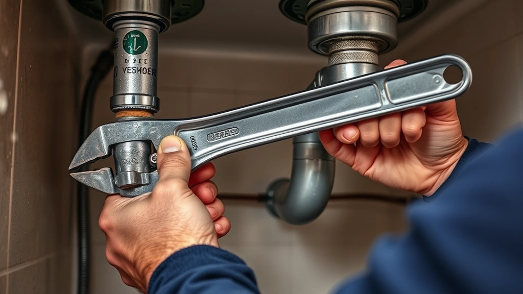 Plumber's hands fixing a leaking pipe under a kitchen sink with adjustable wrench, water droplets visible on metal pipes