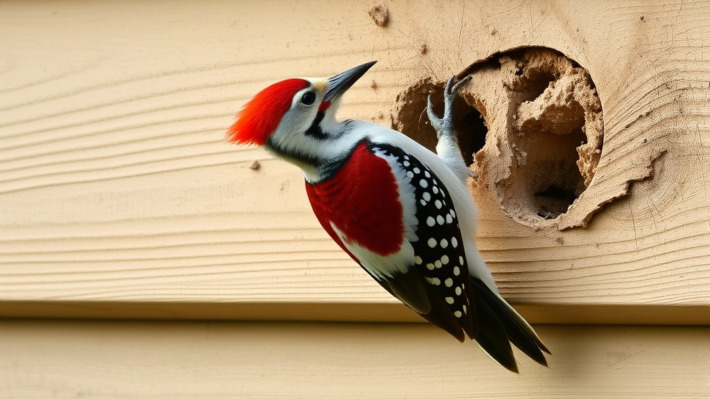 Woodpecker with distinctive red head feathers pecking at wooden house siding, showing damage holes in natural daylight, realistic wildlife photography