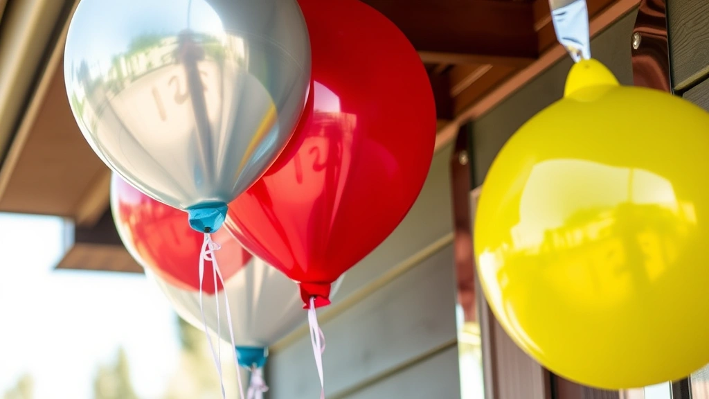 Close-up of reflective Mylar balloons and shiny aluminum strips hanging near wooden fascia boards, demonstrating visual deterrent installation methods