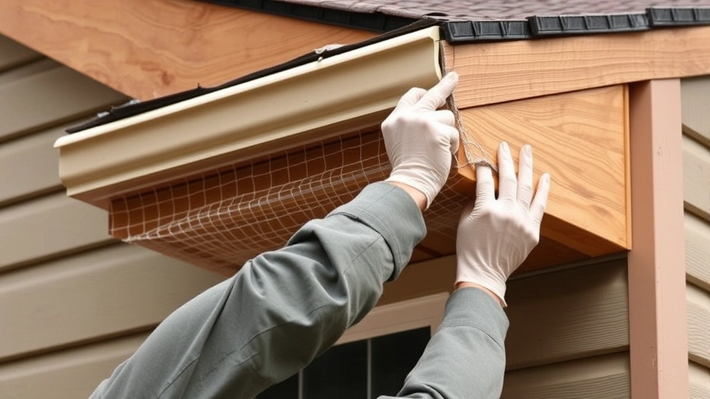 Professional installing quarter-inch mesh netting over vulnerable wooden eaves and siding areas, showing proper spacing and secure attachment techniques