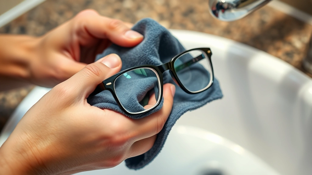 Close-up of a person gently cleaning eyeglasses with a microfiber cloth, showing proper cleaning technique with hands holding glasses over a sink with warm water running