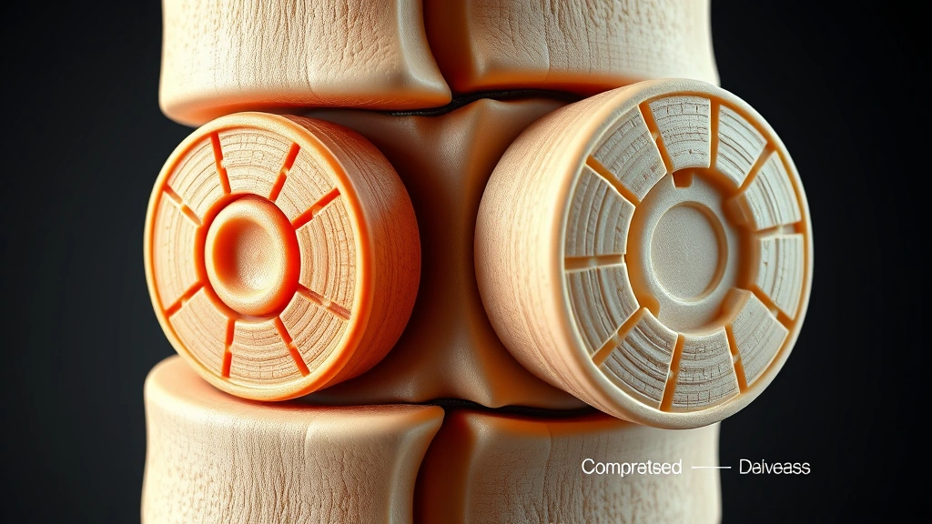 Close-up anatomical illustration style image showing healthy intervertebral discs versus compressed degenerated discs in the spine, realistic medical visualization without text labels