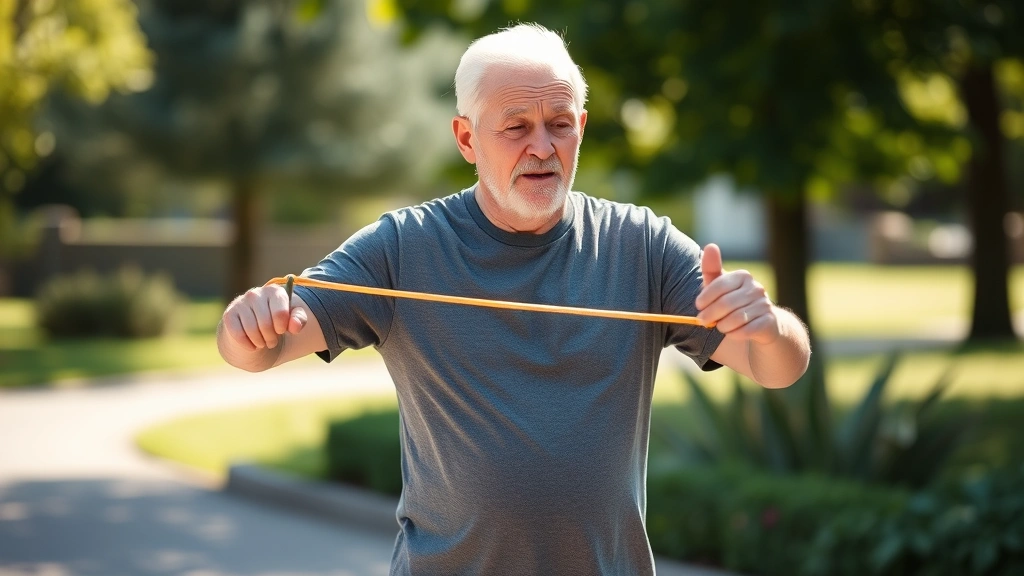 Older adult performing safe weight-bearing exercise like resistance band training or walking outdoors in natural daylight, showing proper form and engagement in preventive health activity