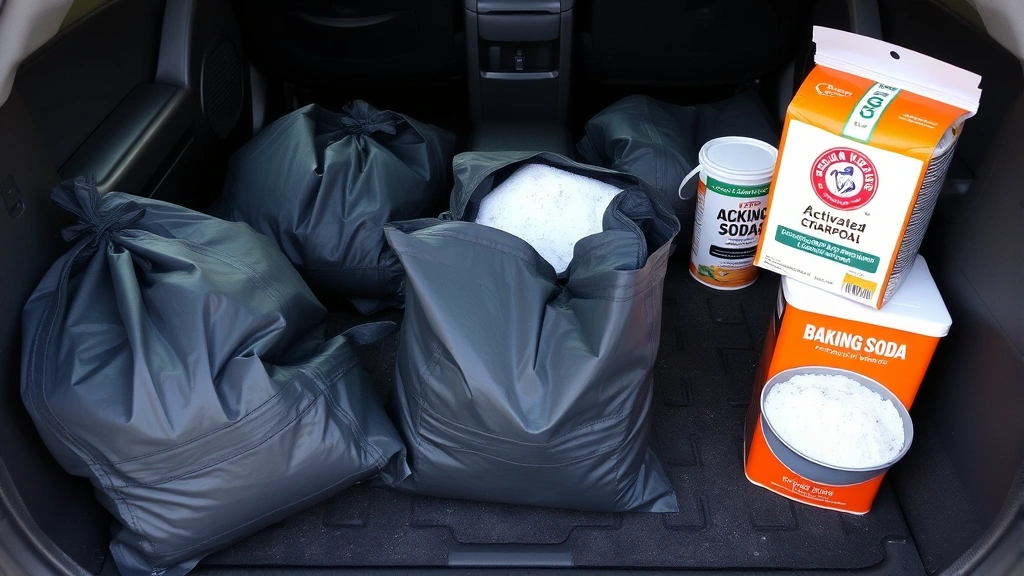 Close-up of activated charcoal bags and baking soda containers placed throughout a car interior on seats and floor, demonstrating odor absorption setup
