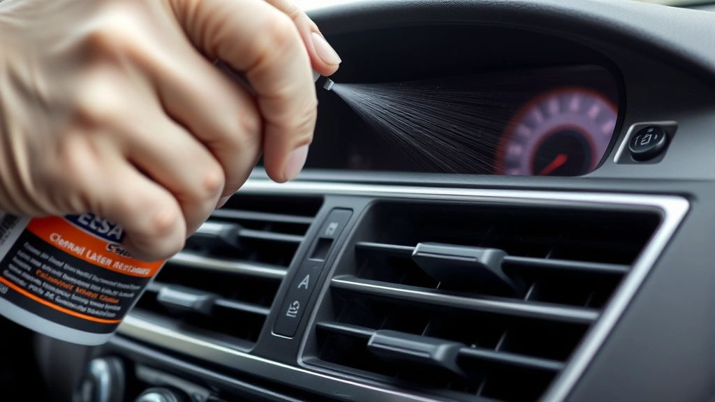 A technician spraying specialized automotive AC cleaner into car air vents with fresh air intake visible, showing HVAC system treatment process