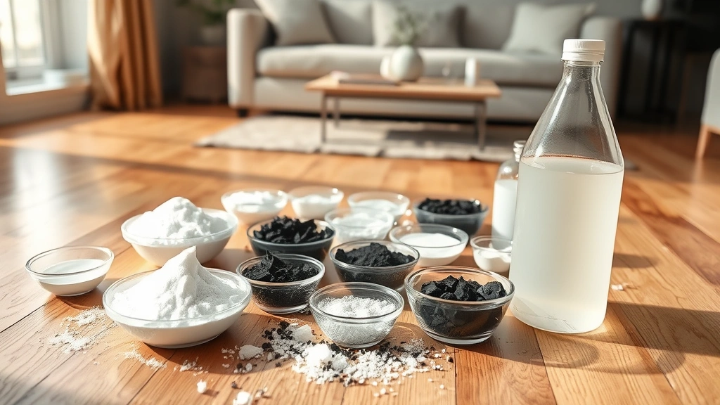 Scattered bowls and containers filled with white baking soda, activated charcoal, and white vinegar sitting on hardwood floor in living room, sunlight streaming through window, fresh and clean aesthetic, no labels visible