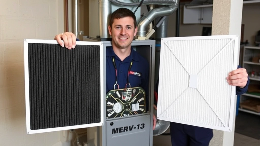 HVAC technician in uniform holding a MERV-13 air filter next to an open furnace unit, showing filter comparison between old dark filter and new clean white filter, professional home basement setting, tools visible
