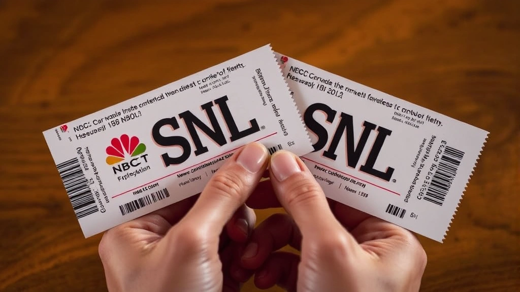 Close-up of hands holding two printed SNL tickets with NBC branding, displayed against a wooden table surface with warm lighting