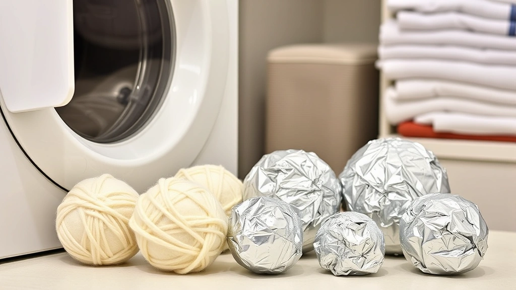 Wool dryer balls and crumpled aluminum foil balls arranged next to a dryer, various sizes displayed clearly, clean laundry room background with folded clothes visible