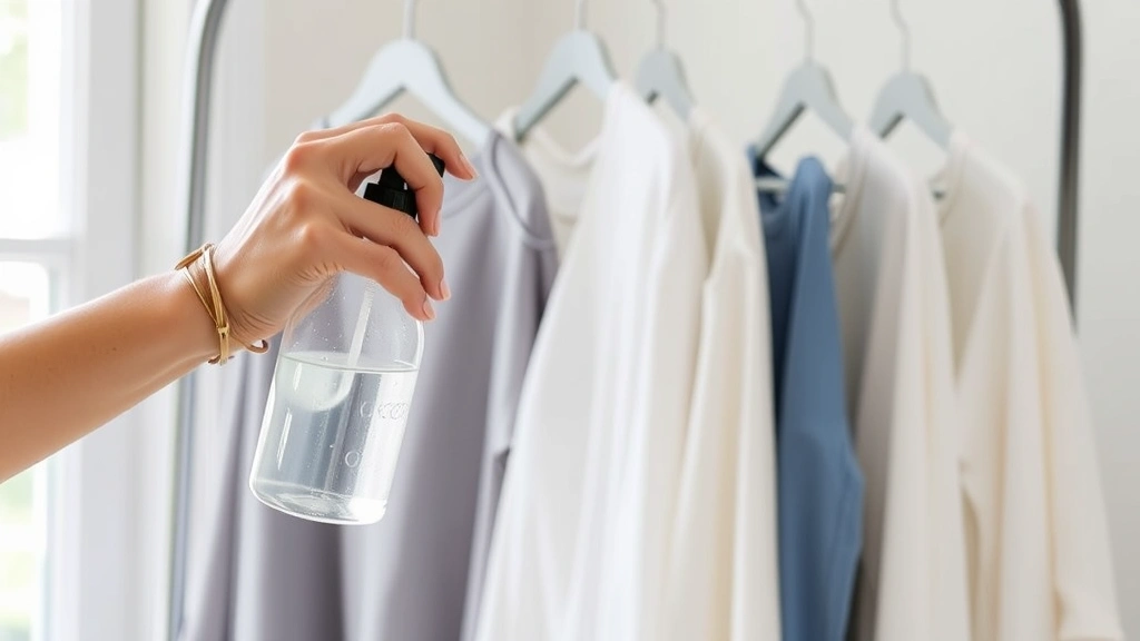 Person spraying homemade anti-static solution on clothing, spray bottle in hand, clothes hanging on a rack, natural light from window, showing the practical application process