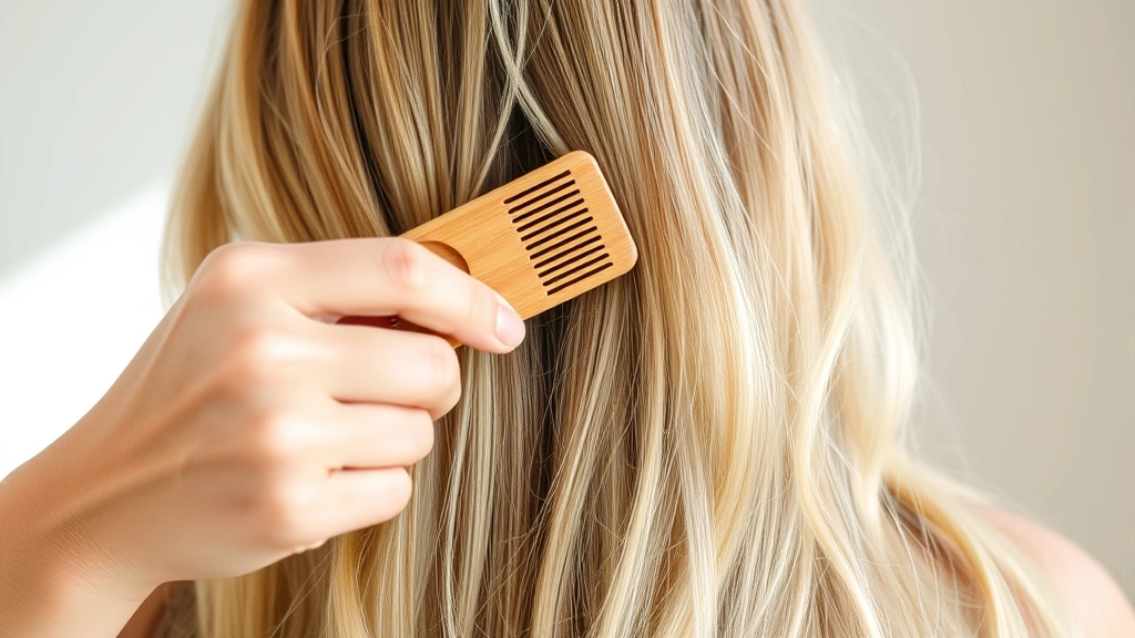 Woman using wooden comb on long blonde hair with soft natural lighting, demonstrating proper detangling technique without static generation