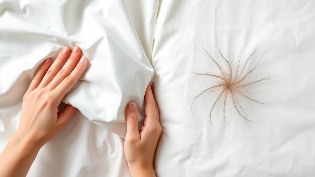 Hands holding silk pillowcase next to regular cotton pillowcase, showing texture difference, with hair visible on both surfaces for comparison