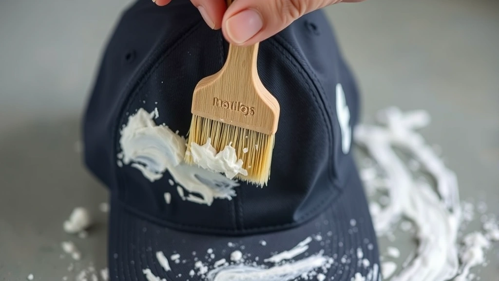 Hands applying white baking soda paste to sweat-stained areas of a cap using a soft brush, paste visible on fabric